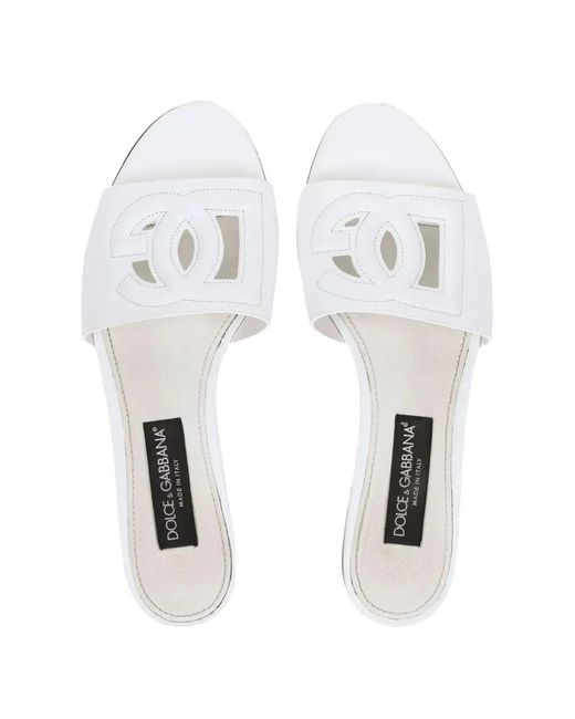 Dolce & Gabbana White Calfskin Slides With Dg Logo
