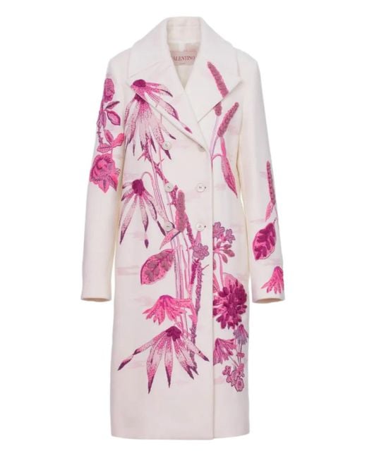 Valentino Garavani Pink Floral-Embroidered Double-Breasted Coat