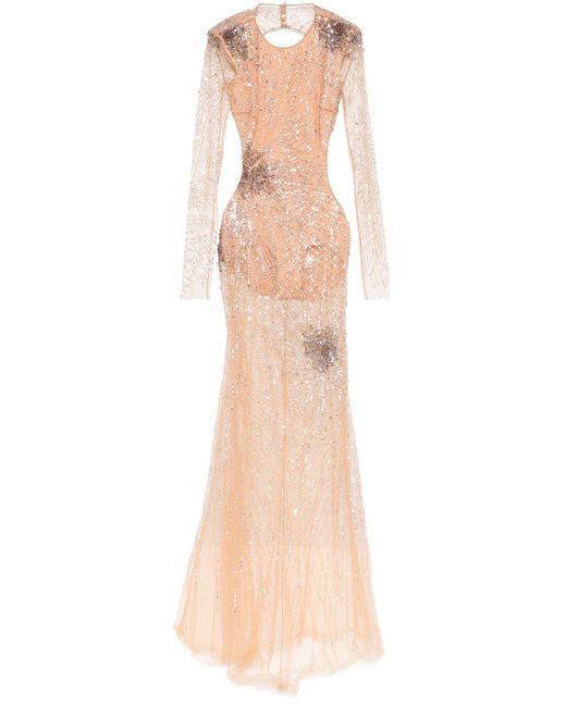 Elisabetta Franchi Natural Firework-Pattern Sequin-Embroidered Gown