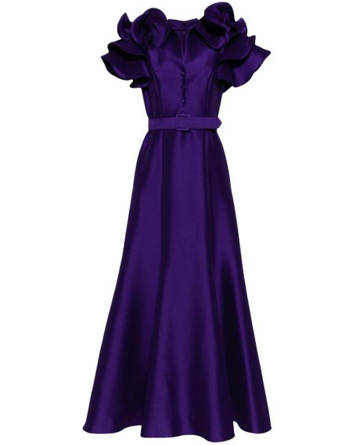 Badgley Mischka Purple Mikado Ruffle-sleeve Belted Gown