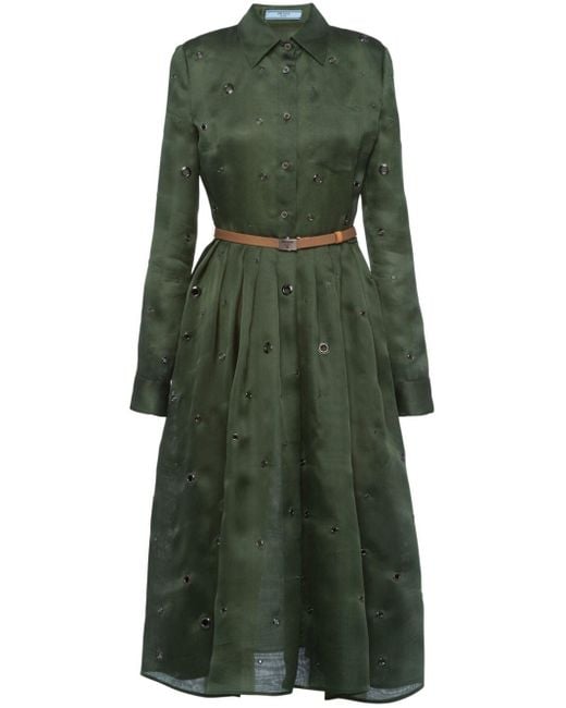 Prada Green Eyelet-detail Silk Organza Midi Dress