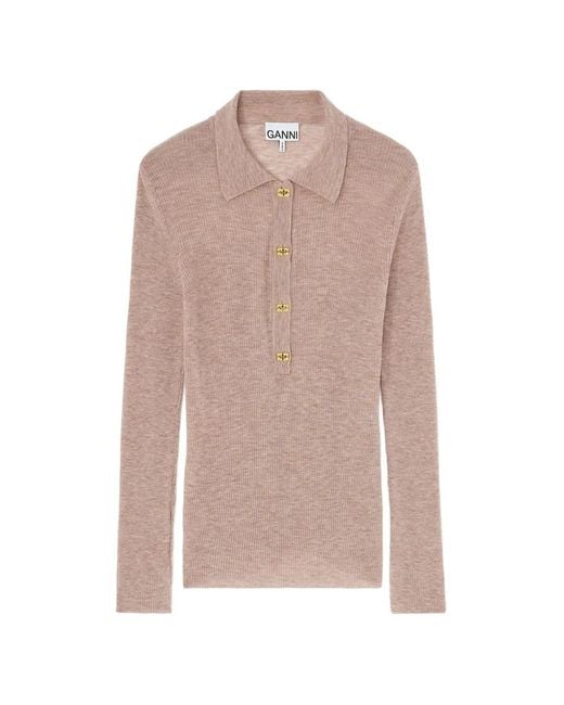 Ganni Pink Ribbed-Knit Long-Sleeved Polo Top