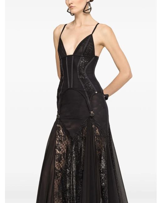 Nissa Black Lace-Panel Corset Maxi Dress