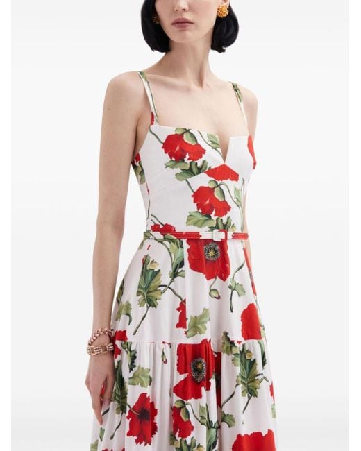 Oscar de la Renta Red Poppy-print Cotton Maxi Dress
