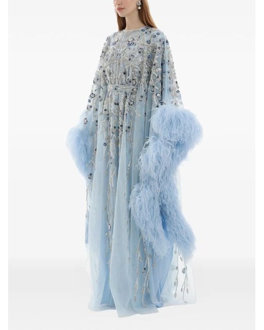 Dina Melwani Blue Crystal-Embroidered Feather Maxi Dress