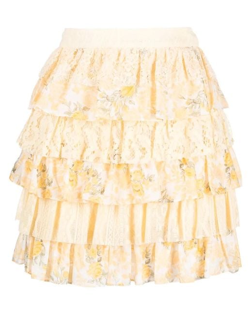 LoveShackFancy Natural Floral-Print Ruffled Miniskirt