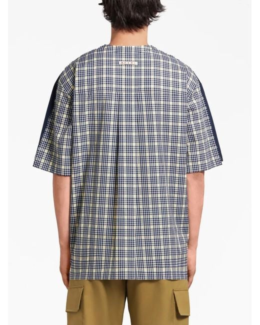 Marni Blue Plaid-Check Panel Cotton T-Shirt for men
