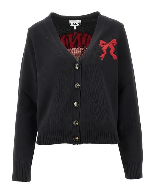 Ganni Black Bow V-Neck Cardigan