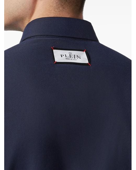 Philipp Plein Blue Skull-Embroidered Poplin Shirt for men
