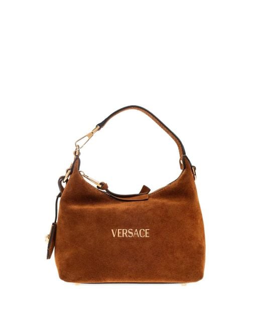 Sac Cabas En Daim À Plaque Logo Versace en coloris Brown