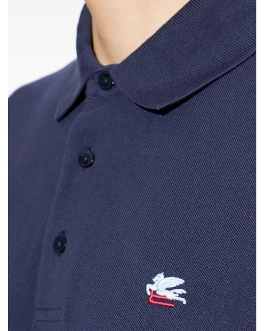 Etro Blue Cotton Pique-Polo Shirt With Pegaso Embroidery for men