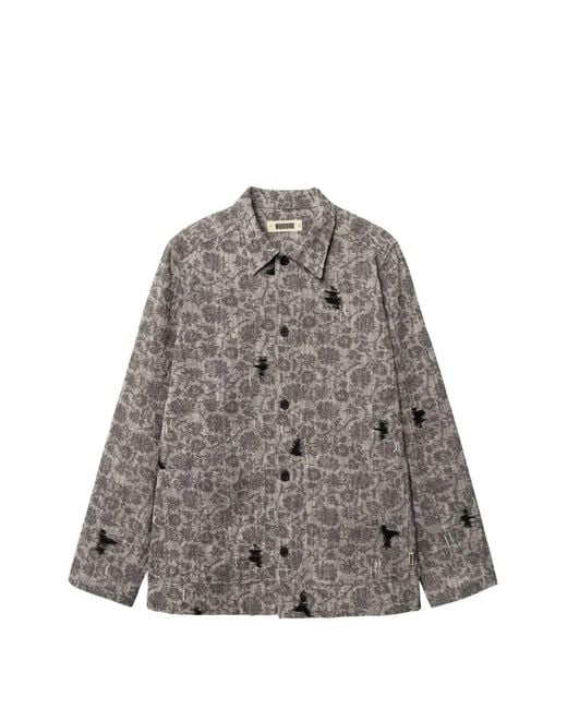 Woodbird Gray Blade Rip Distressed Floral-Print Shirt Jacket for men