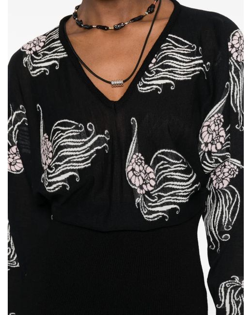 LaDoubleJ Black V-Neck Floral Print Sweater