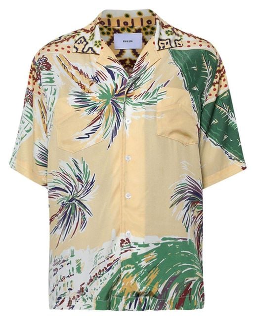 Rhude Green Palm-print Silk Shirt for men