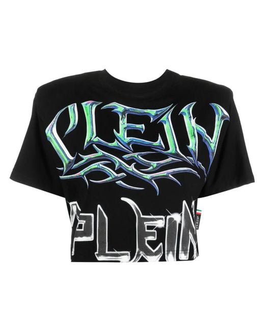 Philipp Plein Black Logo-Print Padded-Shoulder T-Shirt