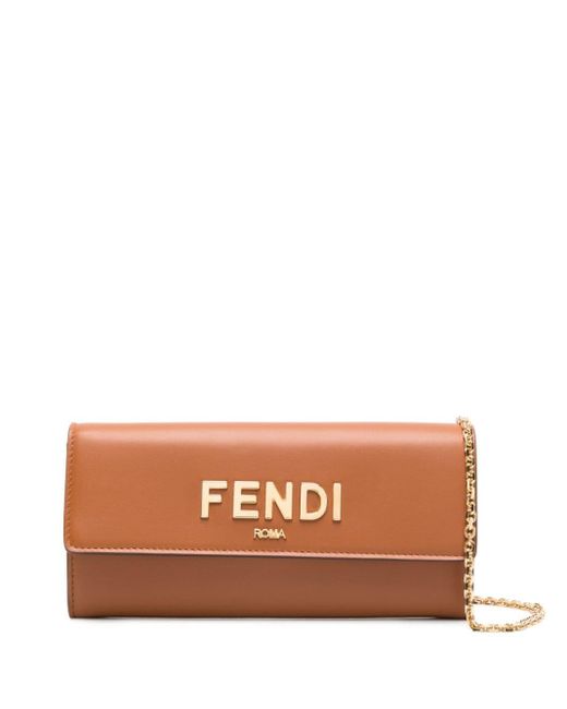 Fendi Brown Logo-lettering Leather Chain Wallet