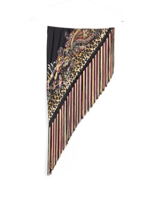 Etro Black Paisley Leopard-Print Fringe Scarf