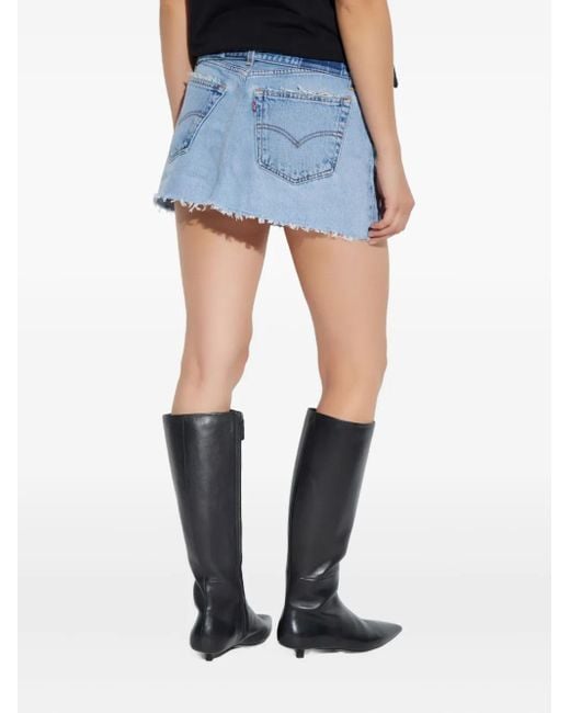 Re/done Blue Button-Fastening Frayed Denim Skirt