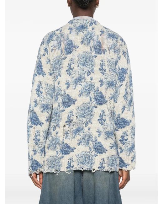 R13 Blue Floral-Print Distressed Cardigan