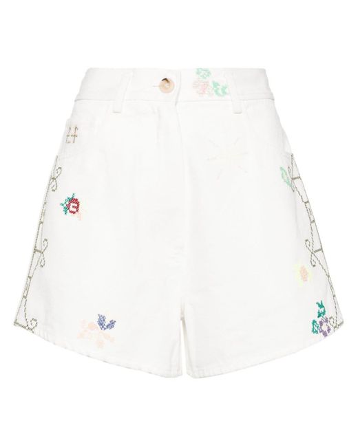 Forte Forte White Jeans-Shorts mit Blumenstickerei