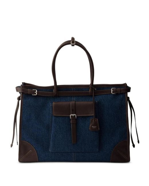 Prada Blue Bonnie Denim And Leather Tote Bag for men