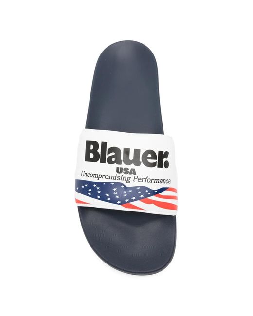 Blauer White Logo-Print Slides for men