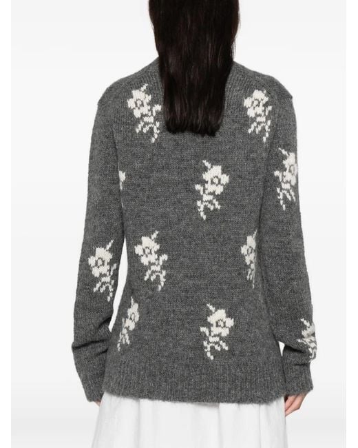 Jil Sander Gray Floral-Pattern Crew-Neck Sweater