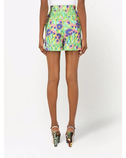 Dolce & Gabbana Green High-Waisted Floral-Print Shorts