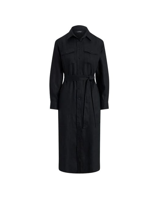 Ralph Lauren Black Belted Patch-Pocket Midi Shirt Dress