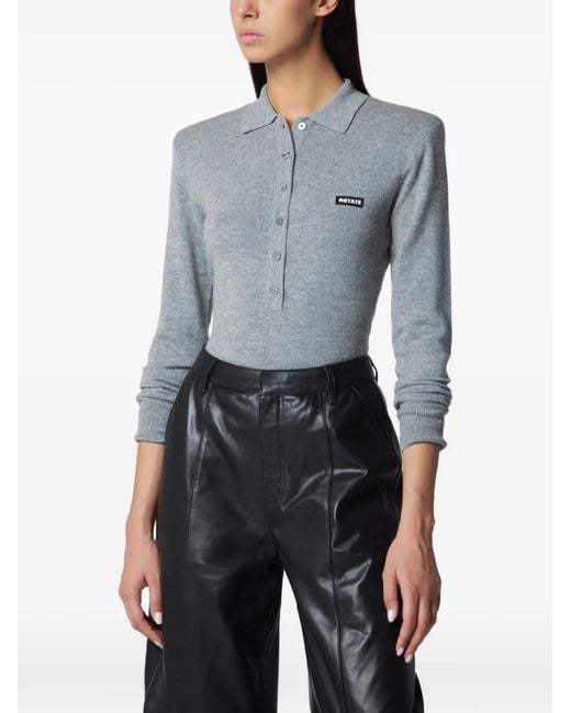 ROTATE BIRGER CHRISTENSEN Gray Logo-Patch Long-Sleeve Polo Shirt