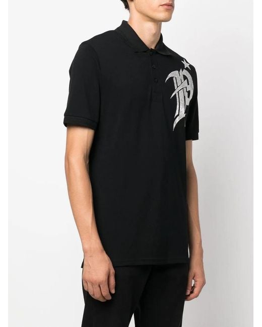 Philipp Plein Black Logo-Print Polo Shirt for men