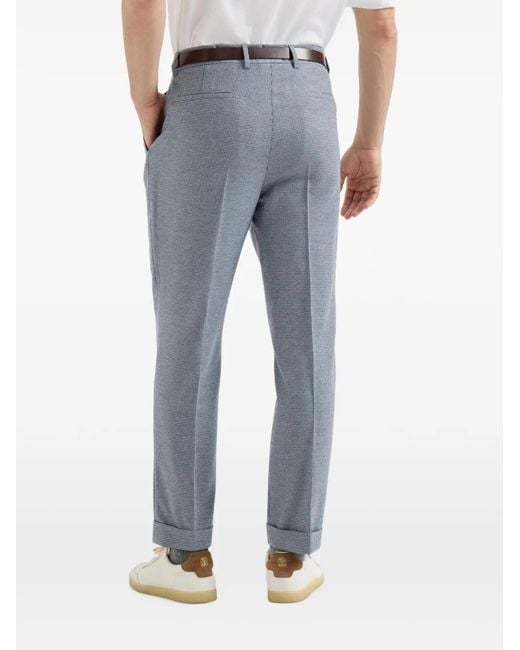 Brunello Cucinelli Blue Cashmere And Silk Houndstooth Flannel Trousers With Pleat for men