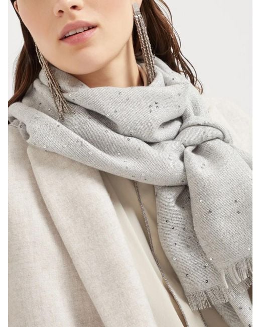 Brunello Cucinelli White Fringed Sequin Scarf