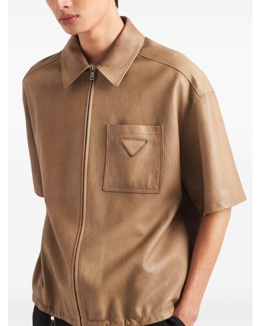 Prada Leren Overhemd Met Logopatch in het Natural voor heren