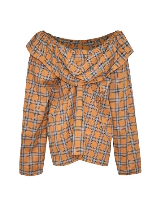 MSGM Brown Check Ruffled-Detail Blouse