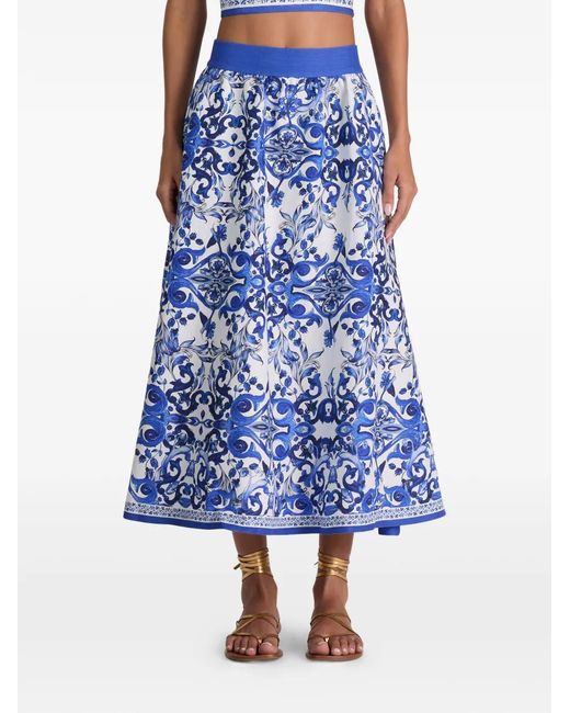Alice + Olivia Blue Earla High-Waisted Flared Midi Skirt
