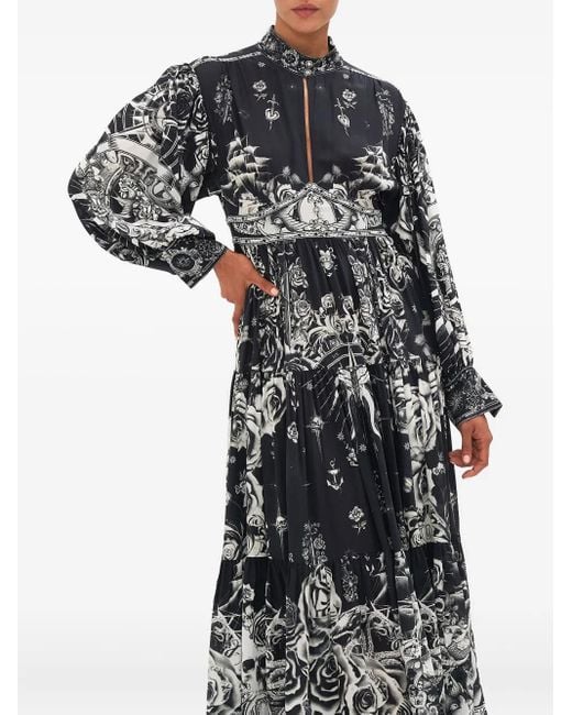 Camilla Tattoo Jurk Met Gelaagde Rok in het Black