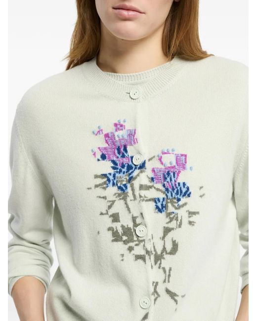 Barrie White Cashmere With Floral Motif Cardigan