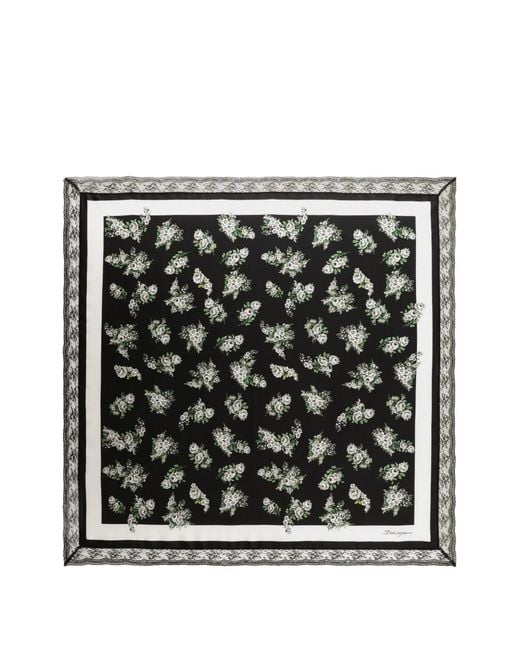 Dolce & Gabbana Black 90X90 Small Flower Bouquet-Print Silk Twill Scarf With Lace Insert