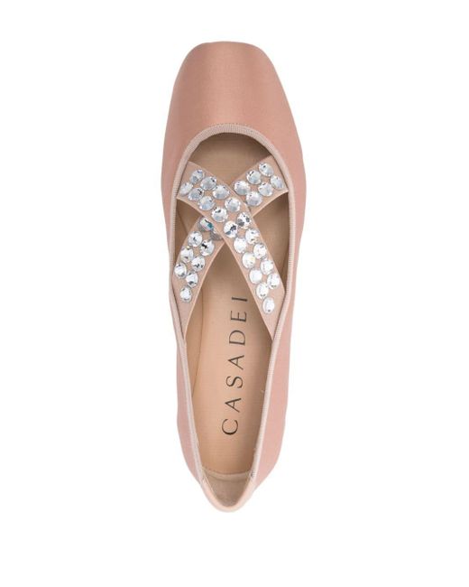 Casadei Pink Rhinestone-embellished Satin Ballerina Shoes