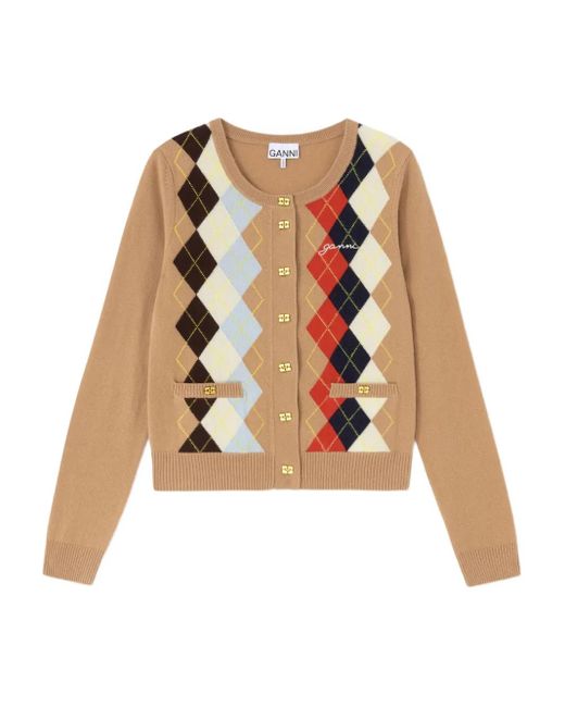 Ganni White Argyle Button Cardigan