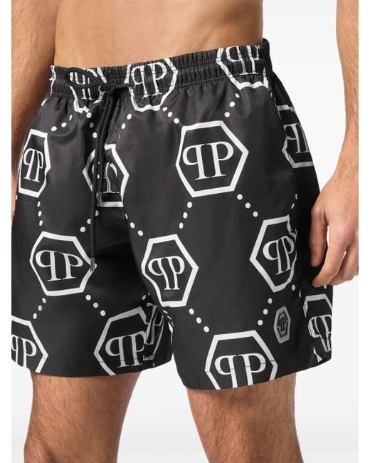 Philipp Plein Black Monogram Drawstring Swim Shorts for men