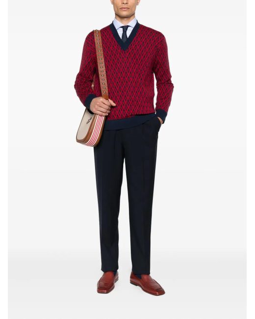Valentino Garavani Red Geometric-Pattern V-Neck Sweater for men