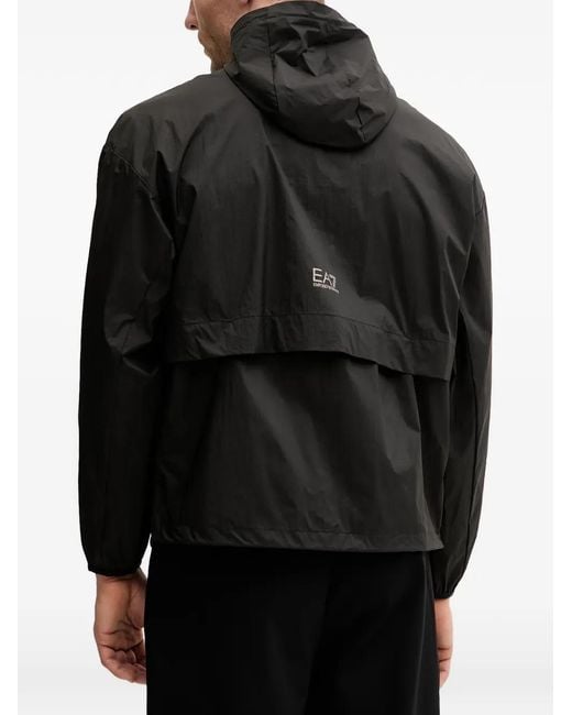 EA7 Black Logo-Patch Hooded Windbreaker for men