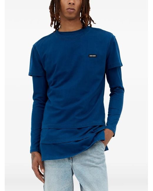 Miu Miu Blue Cotton Logo T-Shirt for men