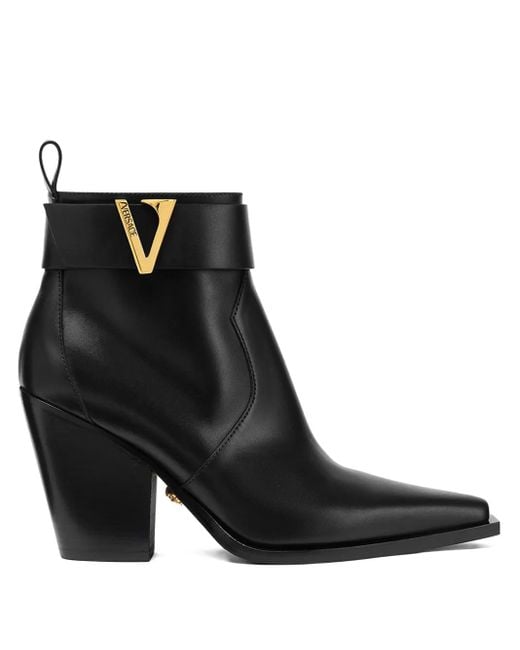 Versace Black Leather V-Buckle Boots