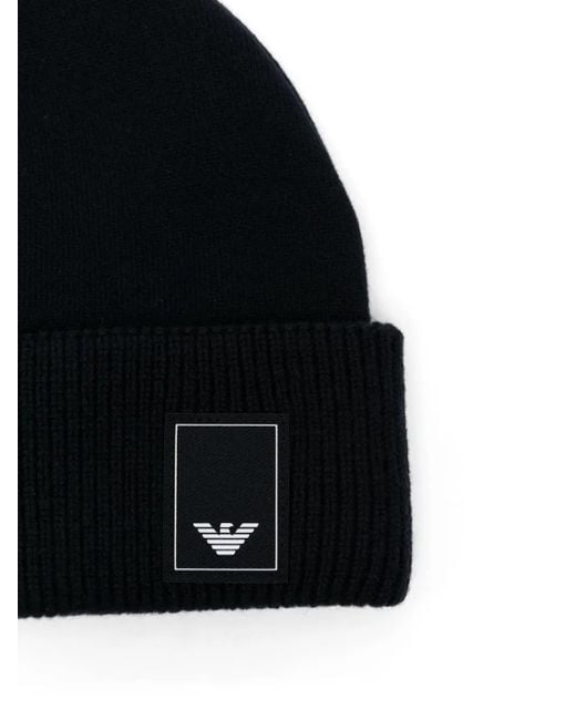 Emporio Armani Black Logo-Patch Beanie Hat for men