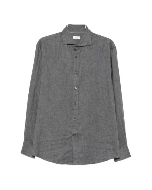 Brunello Cucinelli Gray Herringbone-Weave Long-Sleeve Shirt for men