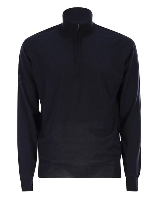 John Smedley Blue High-Neck Zip Sweater for men
