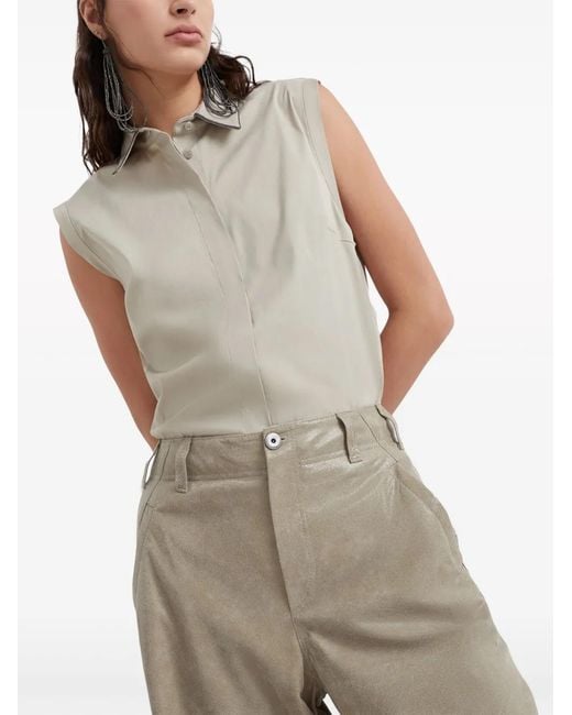 Brunello Cucinelli White Sleeveless Cotton-Blend Blouse